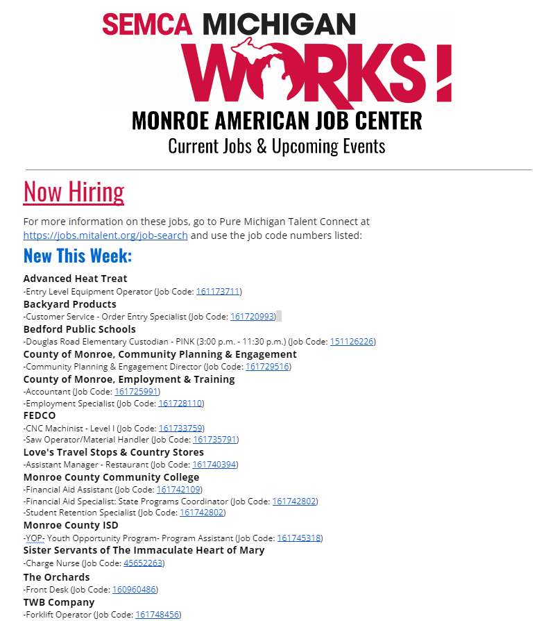 MonroeMIWorks's tweet photo. Now Hiring! Lots of new jobs posted this week! Click https://t.co/Z0JvDdkOlP to view the full publication.
Hiring and want to be included? Contact us at 734-240-7950!

#nowhiring #micorner #monroe #monroemi https://t.co/fs4ccMsts8