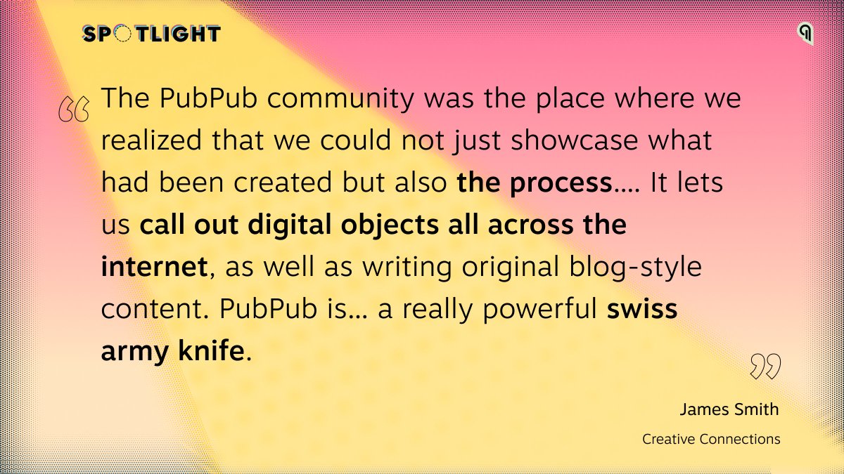 James Smith of @PortsPastPres highlights PubPub's 'swiss army knife' capability to share different types of media and integrate 'digital objects all across the internet'. help.pubpub.org/pub/szn08thk