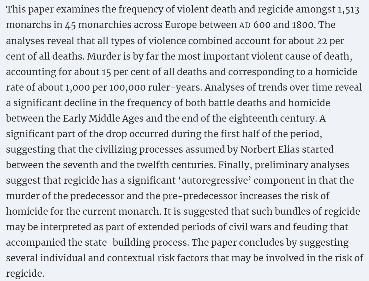 "Killing Kings: Patterns of Regicide in Europe, AD 600–1800

Calculated as a homicide rate per ruler-year the risk of being killed amounts to [1% per year], making ‘monarch’ the most dangerous occupation known in criminological research"