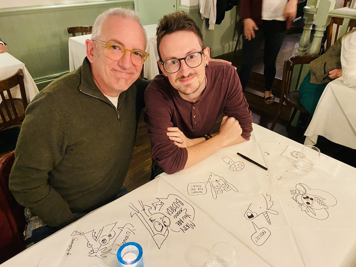 _tombeattie's tweet photo. Post dinner scribbles with @mmonogram and @Matty_Long after our latest Super Happy Magic Forest writers room. Was a bit of a draw-off!  @cbbc @TigerAspectKids @BanijayKids @sixportlandroad https://t.co/QSPoxNDFno