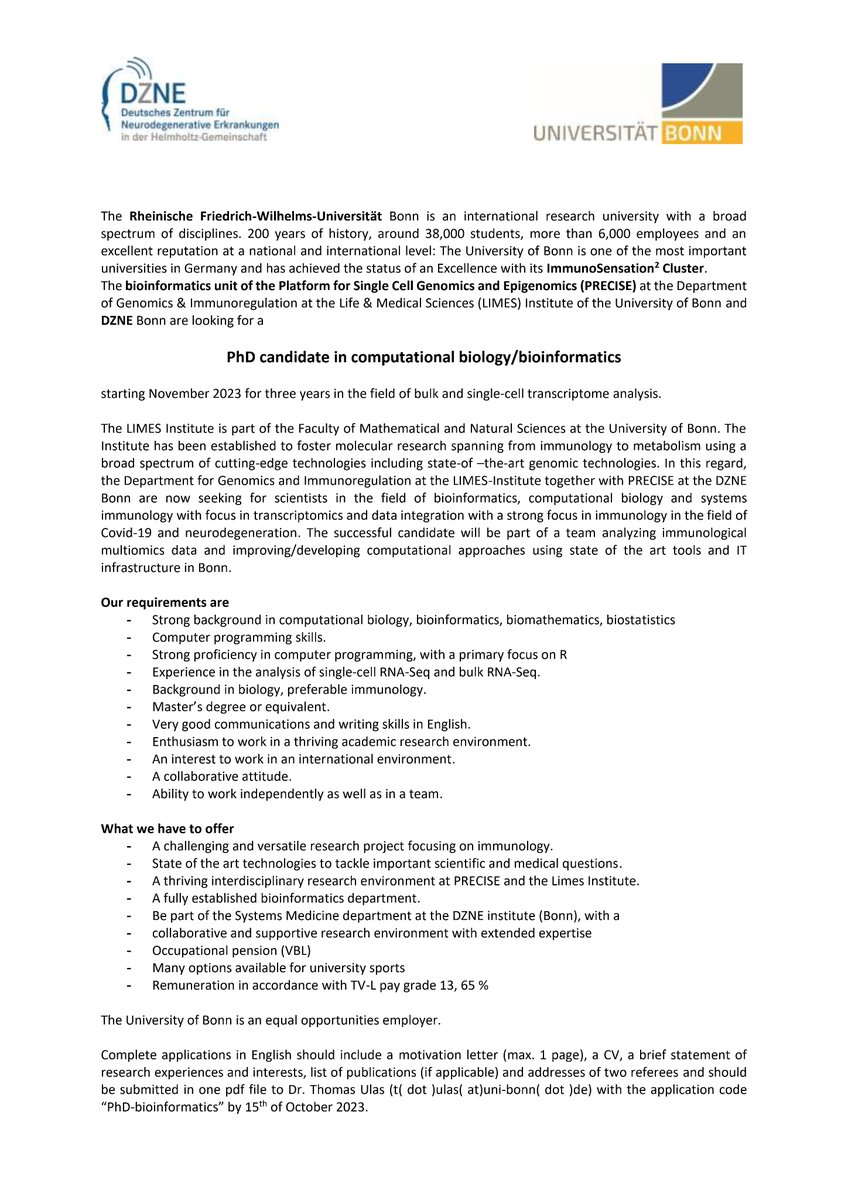 🧬 Are you a bioinformatics wizard looking for a challenge? The University of Bonn invites you to join our team! Explore immunological bulk and single-cell transcriptome data in a cutting-edge research environment. Apply now for a Dec 2023 start!🌟 #PhDPosition #Bioinformatics