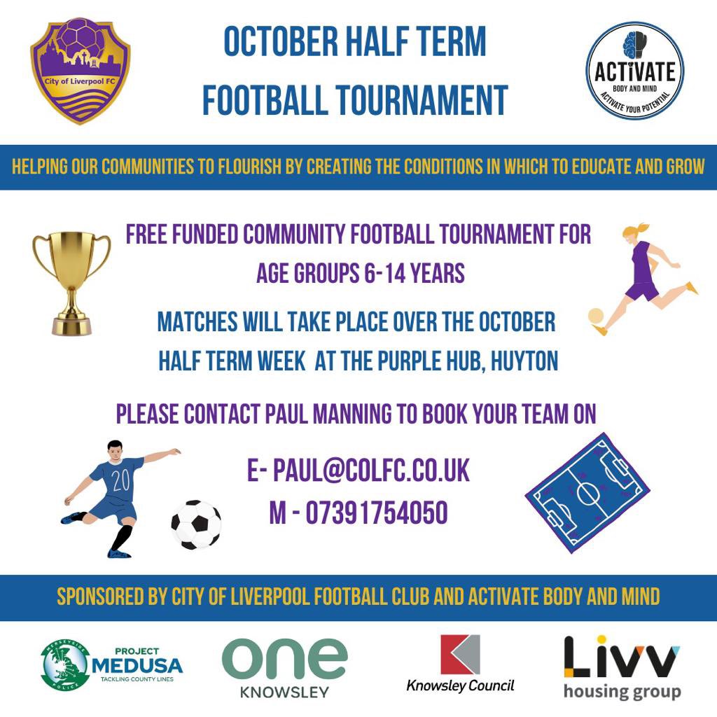 ActivateBandM's tweet photo. This is the rescheduled football tournament from summer if any local teams would like to enter please contact Paul at the city of Liverpool purple hub site to get involved in this funded tournament 
#communtity #football #wellness #wellbeing https://t.co/209Wwl62dR