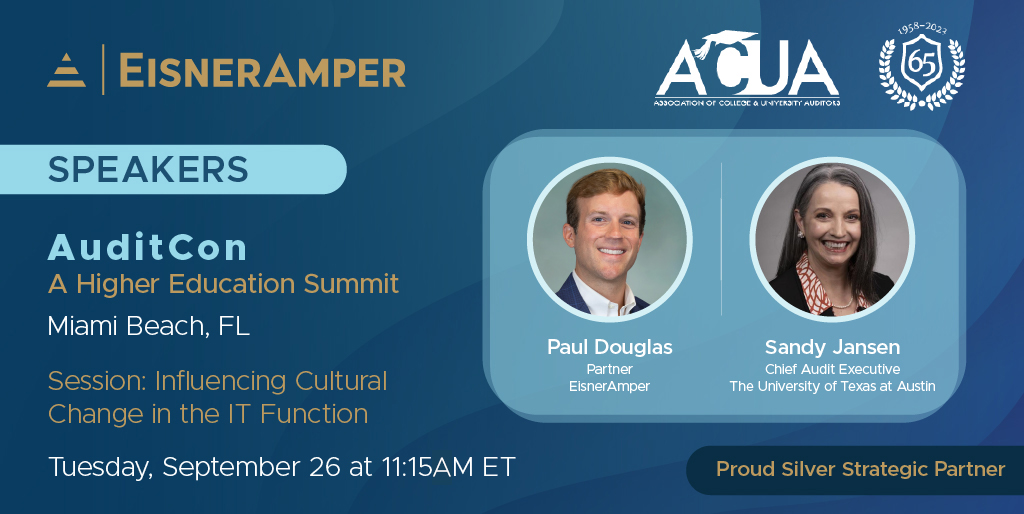 Join us at AuditCon! Paul Douglas, Partner at EisnerAmper, &amp; Sandy Jansen, Chief Audit Executive at The University of Texas at Austin, will be speaking in their session "Influencing Cultural Change in the IT Function." See you there! okt.to/E84LuT #AuditCon #audit #IT