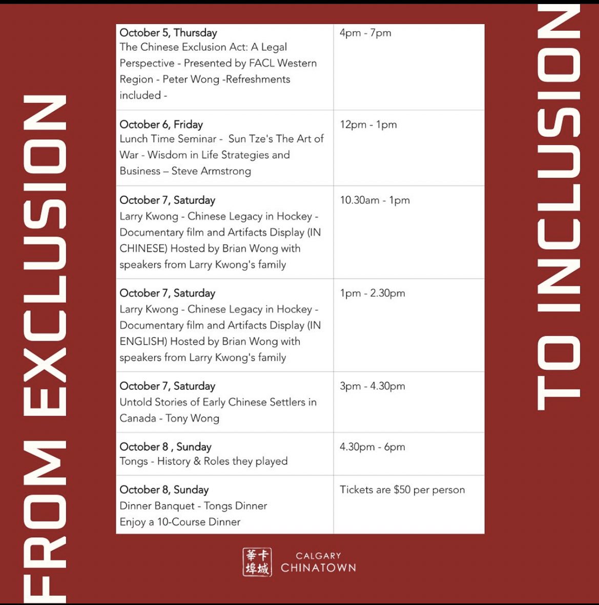 Lots of cool sessions at the cultural centre being hosted throughout the week in memory of the passing of the exclusion act 100 years ago. Come learn about different chinese culture, food and customs! Free!! #yyc #yyccc #calgary