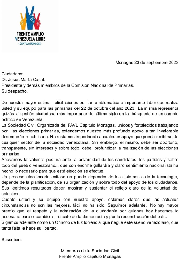 Comunicado oficial del #FAVL #MONAGAS <a href="/MariaCorinaYA/">María Corina Machado</a> <a href="/AndresVelasqz/">Andrés Velásquez</a> <a href="/ajcaleca/">Andrés Caleca</a> <a href="/jesusmariacasal/">Jesús María Casal</a> <a href="/robertoenriq/">Roberto Enriquez</a> <a href="/CesarPerezVivas/">César Pérez Vivas</a> <a href="/ElPitazoTV/">El Pitazo</a> @PrimariaXVe <a href="/prospericarlos/">Carlos M. Prosperi</a> <a href="/delsasolorzano/">Delsa Solorzano</a>
