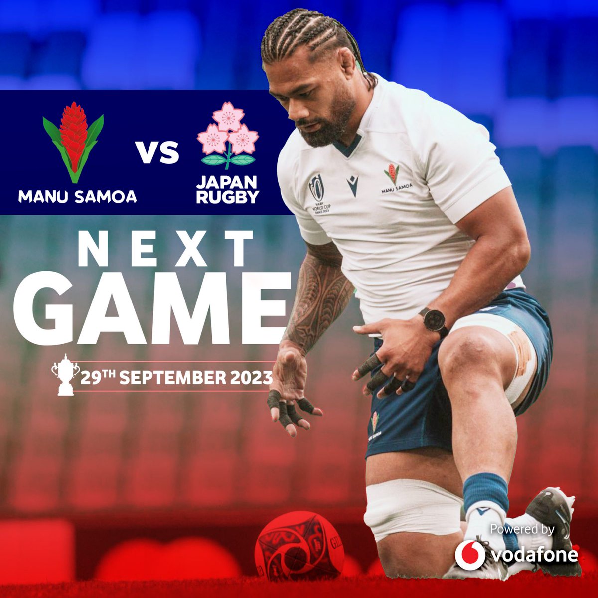 VodafoneSamoa's tweet photo. 🏉 Next Game Day: Manu Samoa vs Japan
📅 Friday, 29th September 2023 - 8:00am

The countdown is on! Don't miss the thrilling encounter as Manu Samoa faces Japan on the rugby battlefield this Friday. 🇼🇸🆚🇯🇵 Get ready for some heart-pounding action! 💥🏆 #ManuSamoa #RugbyWorldCup https://t.co/ef37NHomg3