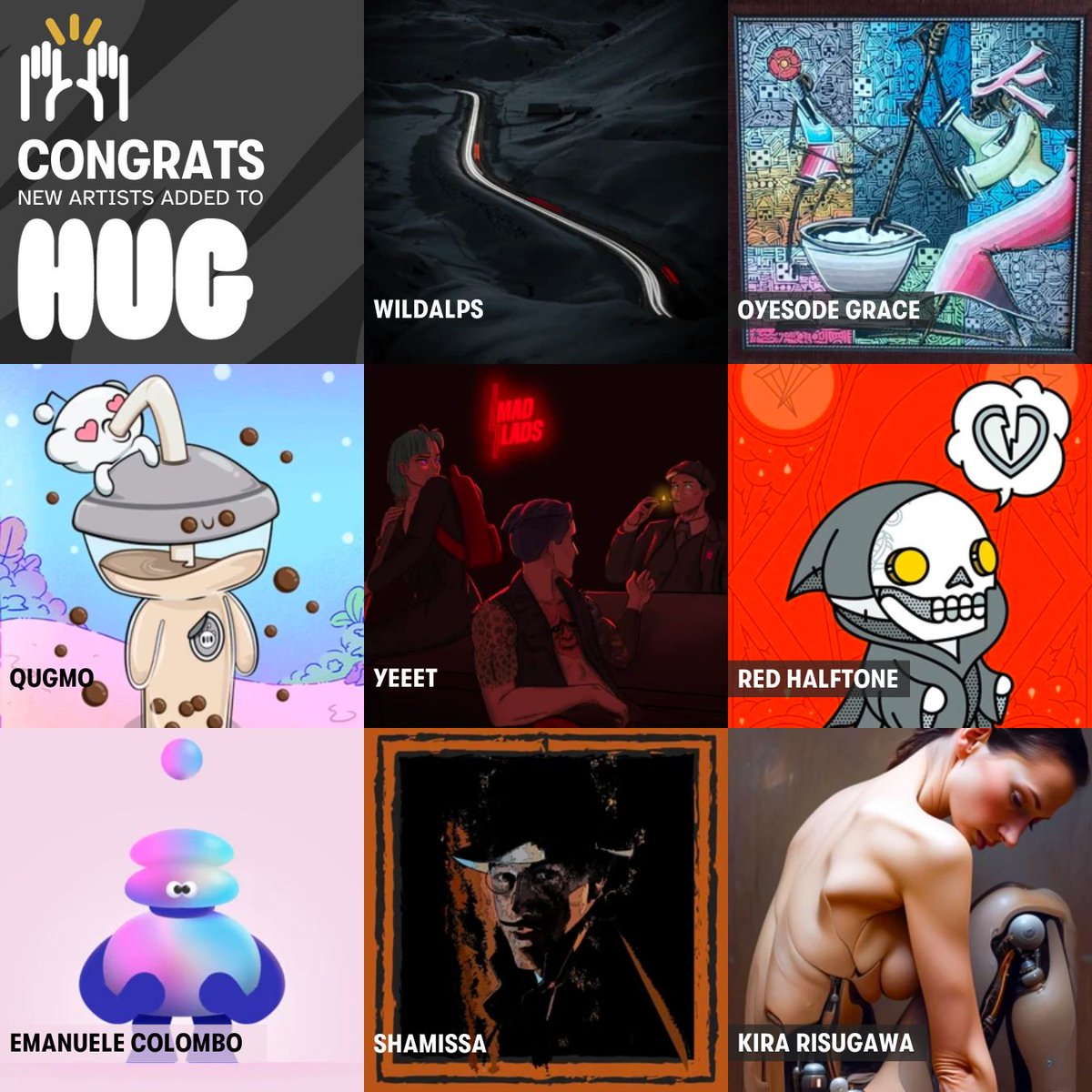 theHUGart's tweet photo. Roll out the red carpet and say hello to the latest artists curated onto HUG 🤗

@wildalps
Oyesode Grace
@qugmo
@niannyeet
@redhalftone
@ema_colombo
@shamissanft
@risugawa

We can't wait to help you go further, faster on your journey as an artist ✨ https://t.co/pdLk2ZQYQr