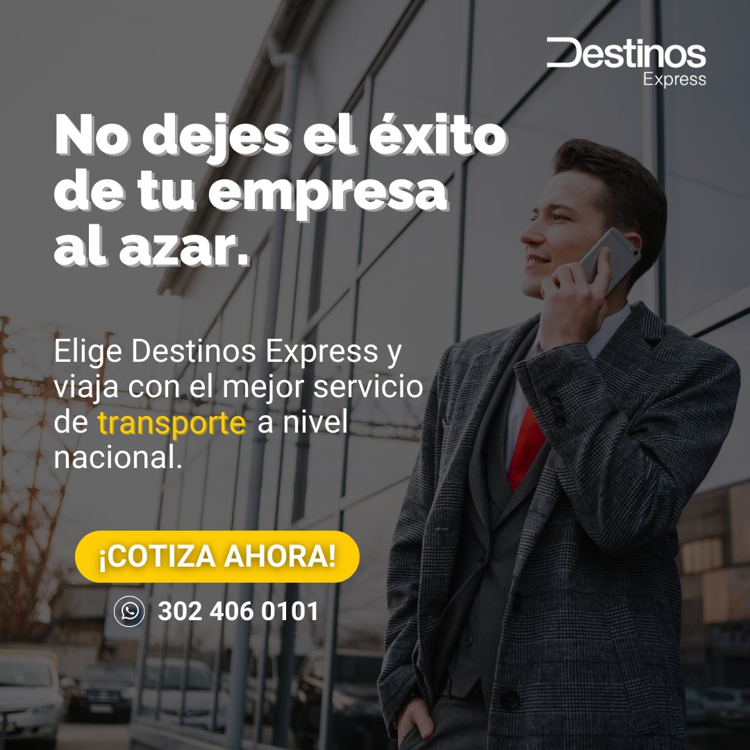 No dejes el éxito de tu empresa al azar. Elige Destinos Express y viaja con el mejor servicio de transporte a nivel nacional.
#transporteejecutivo #viajescorporativos #ComodidadEmpresarial #traslados #transporteempresarial #transporteespecializado #transporteespecial #Aeropuerto