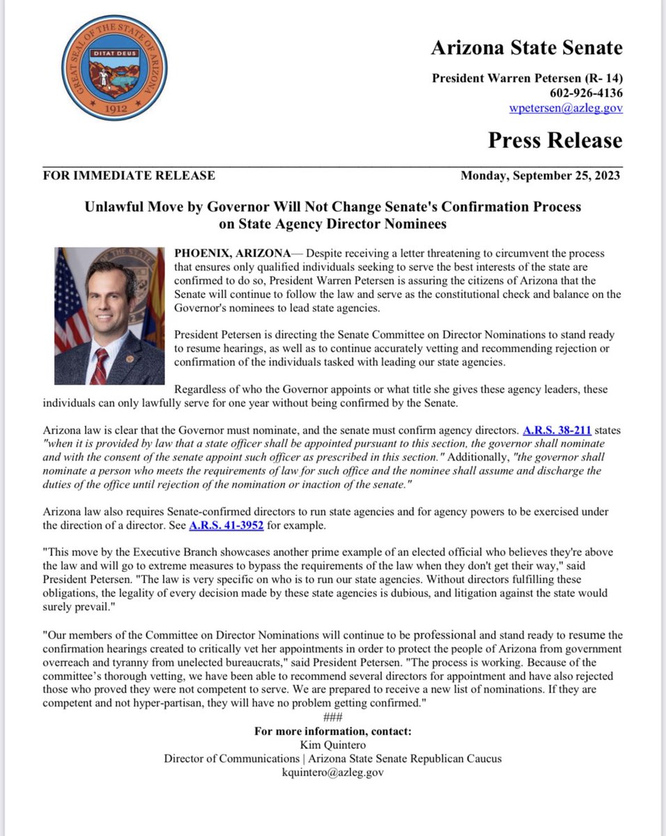 AZSenateRepublicans (@azsenategop) on Twitter photo FOR IMMEDIATE RELEASE: Unlawful Move by Governor Will Not Change Senate's Confirmation Process on State Agency Director Nominees
<a href="/votewarren/">Warren Petersen</a> ⬇️ FOR IMMEDIATE RELEASE: Unlawful Move by Governor Will Not Change Senate's Confirmation Process on State Agency Director Nominees
<a href="/votewarren/">Warren Petersen</a> ⬇️