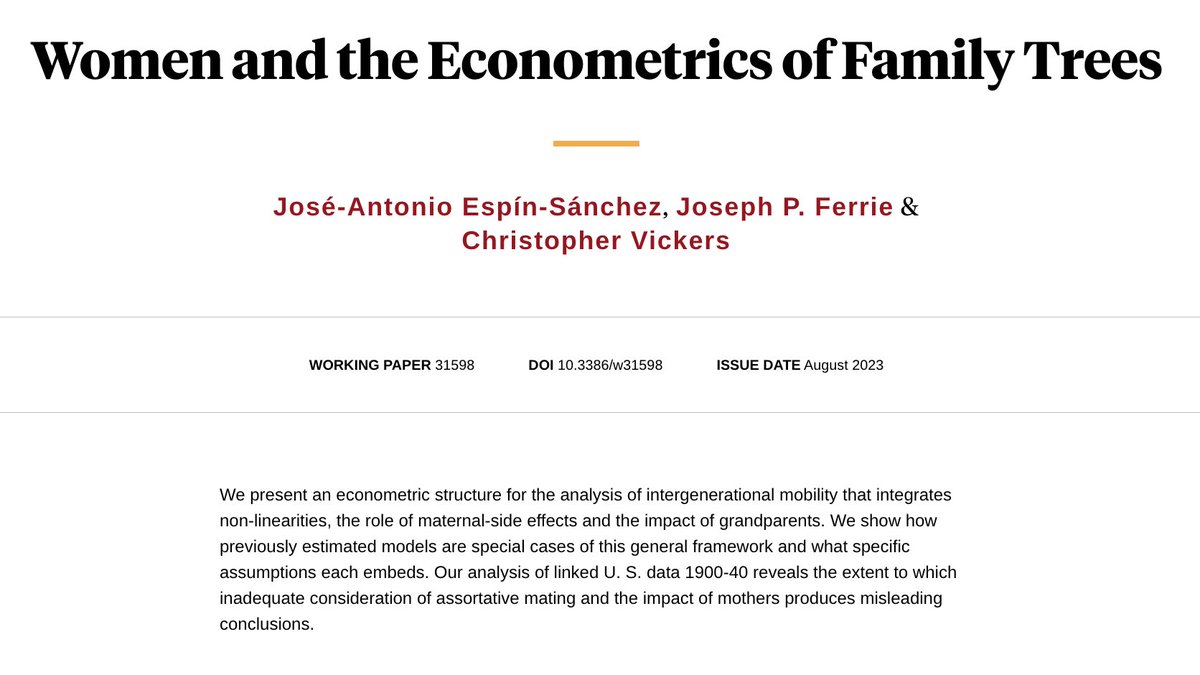 YaleEconomics's tweet photo. NEW: Economic analysis of intergenerational socioeconomic mobility, looking at the contributions of mothers to their children, differentially for sons and daughters.

By @JosespinSanchez, @JosephPFerrie, &amp; Christopher Vickers, in @nberpubs: https://t.co/EQOomxiTQB https://t.co/b7qNn33RYZ