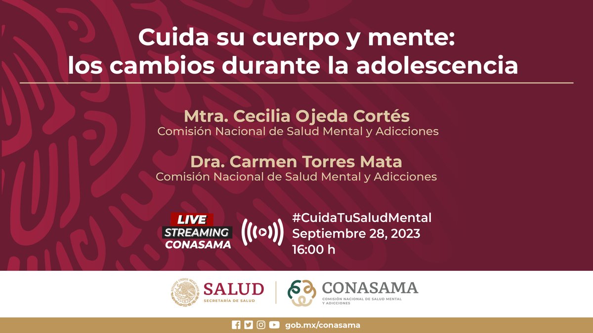 conasamamx's tweet photo. ¿Sabes cómo afectan los cambios de la adolescencia en la #SaludMental de las y los jóvenes?

Te esperamos en el #FBLive #CuidaTuSaludMental con especialistas de #CONASAMA y el tema: Cuida su cuerpo y mente: los cambios durante la adolecencia

📅 Jueves 28 de septiembre
🕓 16:00 https://t.co/gxF5n6AKi7