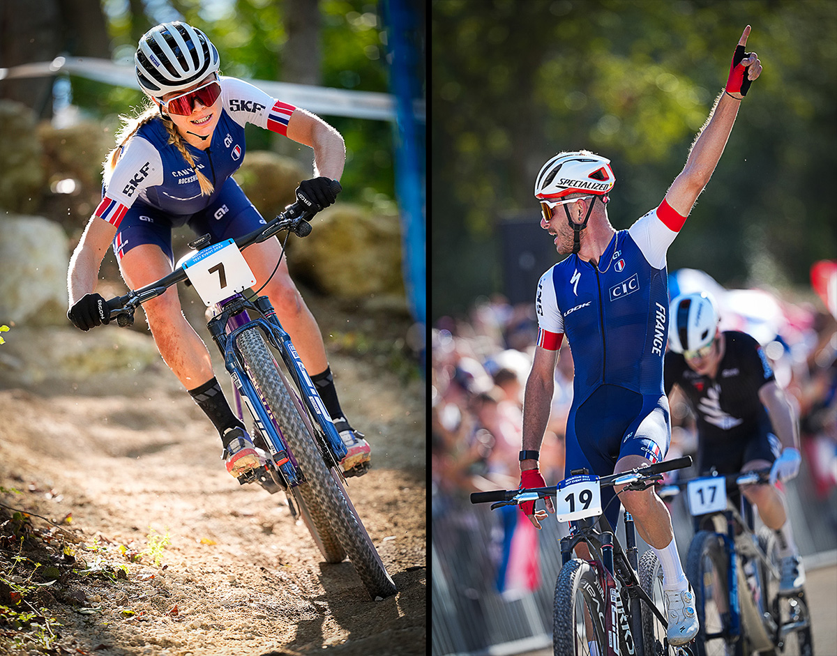 Loana Lecomte of France in action and Victor Koretzky of France to win at the Mountain Bike competition at the Paris 2024 Mountain Bike test event in Saint-Quentin-en-Yvelines, France. #Sony300mmGM #SonyAlpha #Alpha1 #SonyLens #sportsphotography #sportsphotographer #onassignment
