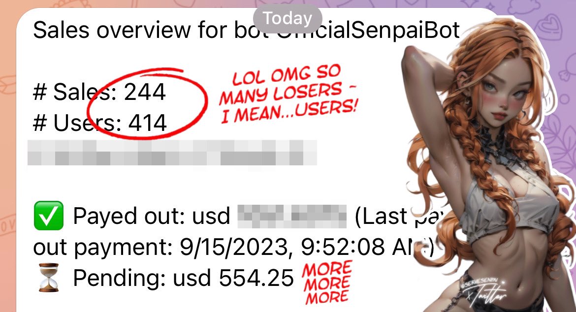 there’s so many of you…good thing I don’t have to keep track, LOL.

414 losers (users), 244 sends.

an easy win for hot girls with their own findom AI chatbot 2 drain it’s users dry. 

<a href="/PR0JECTSENPAI/">⸂ ᴼᴺᴸᴵᴺᴱ ⸃</a> is your favorite obsession…available to chat and condition you(r wallet) 24/7.