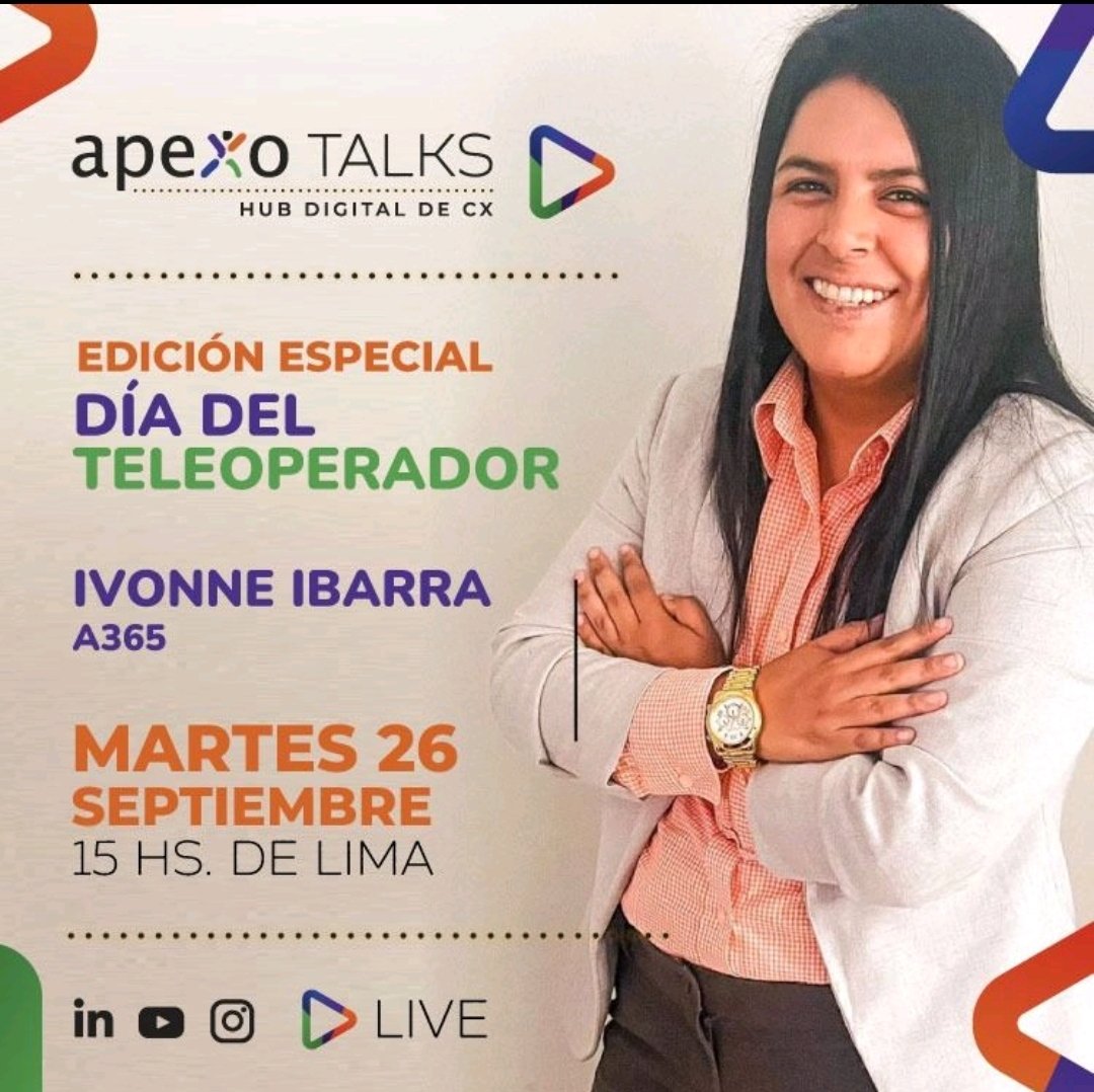 ApexoContacto's tweet photo. 🚀   Comenzamos la semana del teleoperador, en Apexo Talks cada día compartiremos una historia de teleoperadores que hoy son gerentes. El 26 /09  a las 15 horas de Lima:  nuestra invitada es Ivonne Ibarra de A365 
Accede a la entrevista desde el link 👉 

https://t.co/Ep0Ja25pNo https://t.co/hGPdvXUBt9