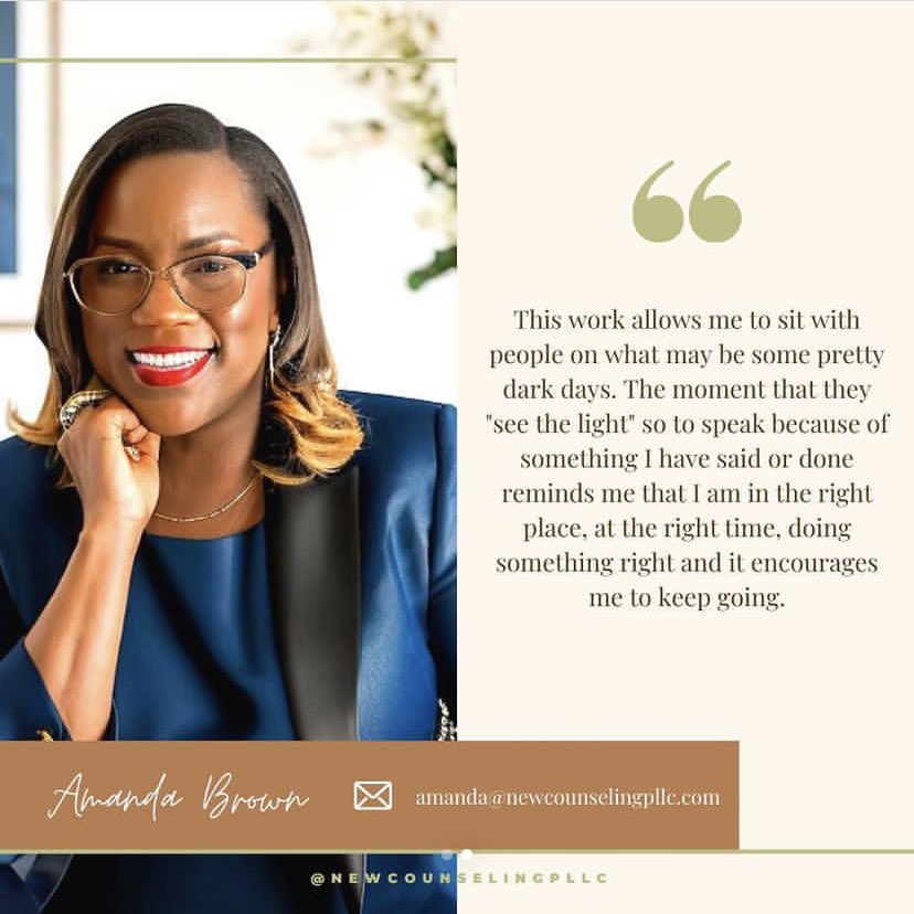Therapist Spotlight! 
Meet Amanda Brown, LCSW

 “What’s your favorite color?”
 “ Any shade of blue”

“ What’s your favorite food?”
“ Wings and fries”

“ What inspires you and why?”
“ My daughter inspires me to be the best version of myself possible!”