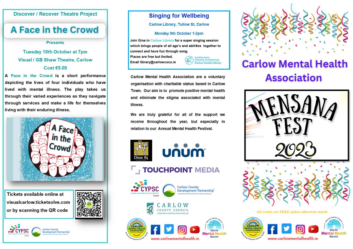 carlowMHA's tweet photo. Are you ready for #Mensanafest 2023? Have a look at the super line up for this years #MentalHealth festival #incarlow please help us get the word out and send a DM id you would like some fliers for your #workplace , #buiness or #community https://t.co/S3wPKblOa1