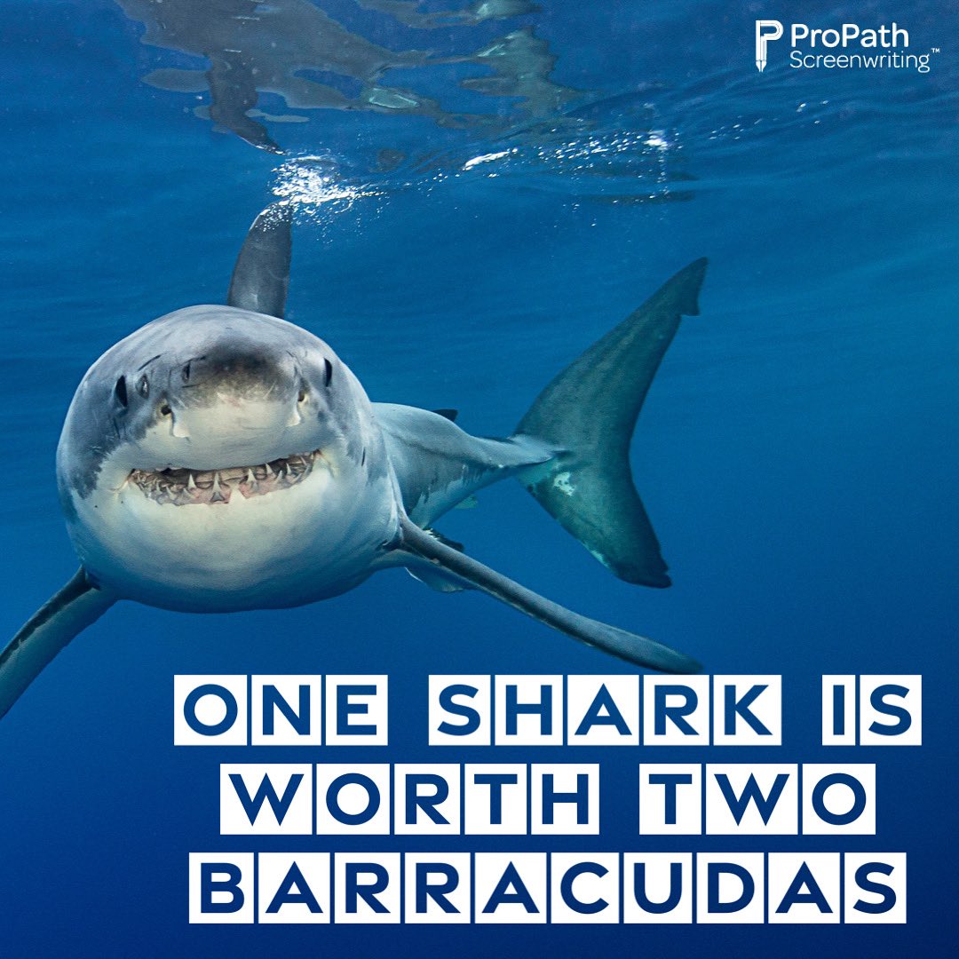 ProPathScreenw1's tweet image. Go big in your writing and your conflicts. Make the conflict and the moment matter, don’t drip it and make it small. Stakes are critical. Make your shark take a bite out of your protagonist.