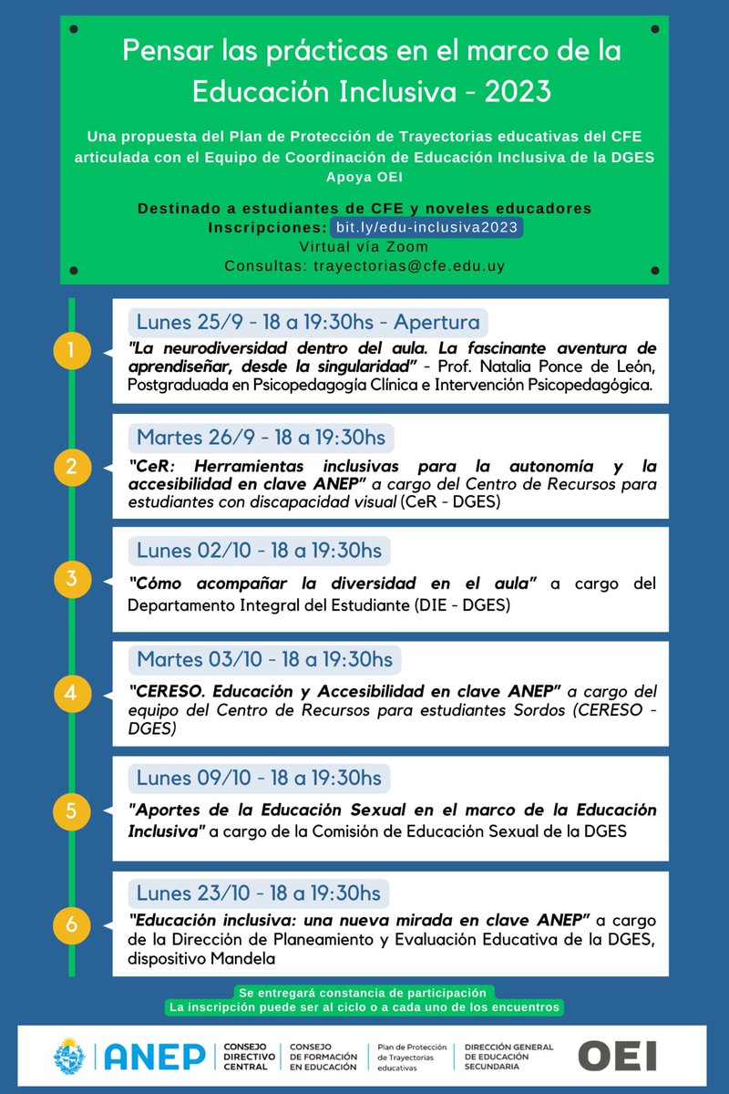 Damos comienzo al ciclo de charlas “Pensar las prácticas en el marco de la Educación Inclusiva 2023”, apertura a cargo de la Consejera del CFE, Prof. Mtra. Ma. del Carmen dos Santos Farías. 
#CulturaCFE <a href="/TrayectoriasCFE/">Trayectorias educativas CFE</a> <a href="/dges_Uruguay/">Educación Secundaria</a> <a href="/OEIUruguay/">OEIUruguay</a>