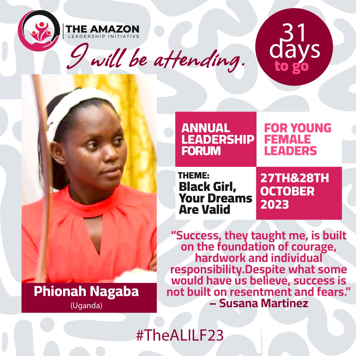 31 days to go...
Phionah Nagaba #YoungFemaleLeader from #Uganda will be attending.
#blackgirlyourdreamsarevalid
#TheALILF23