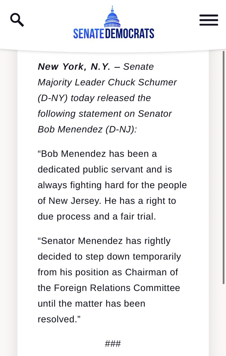 Schumer on Trump indictment: “No one is above the law” Schumer on Menendez indictment: “Bob Menendez has been a dedicated public servant and is always fighting hard for the people of New Jersey.”