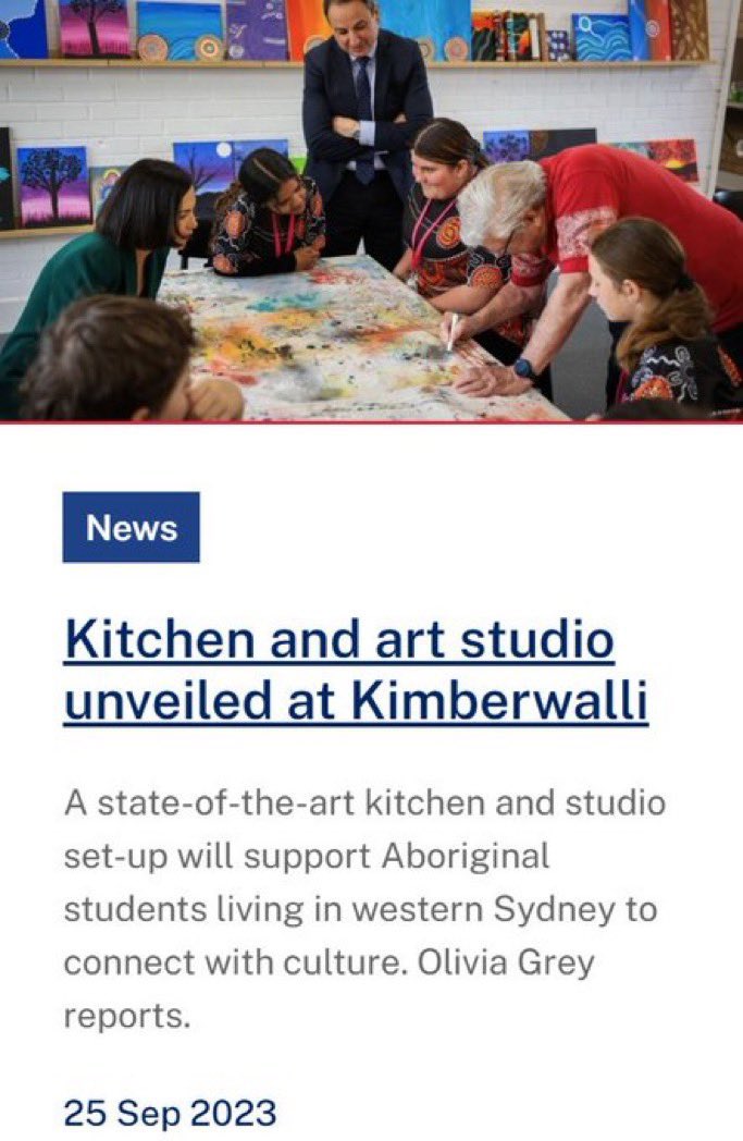 A new art studio &amp; Vocational Education &amp; Training standard kitchen have been unveiled at <a href="/Kimberwalli_WS/">Kimberwalli</a> in the Aboriginal Centre for Excellence. The new facilities will provide education &amp; training opportunities &amp; support cultural knowledge for students. education.nsw.gov.au/news/latest-ne…