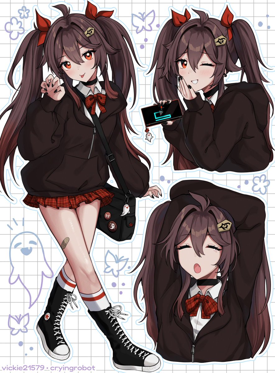 hu tao (genshin impact) 1girl black nails brown hair skirt tongue out red eyes tongue  illustration images