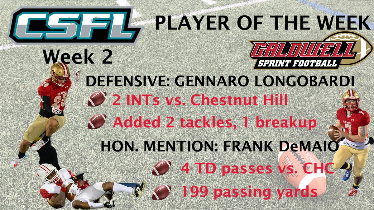 Caldwell Athletics (@caldwellcougars) on Twitter photo Longobardi Nabs Second CSFL Defensive Player of the Week Honors; Has second straight 2-INT game; DeMaio Tabbed Honorable Mention for 4 TD day <a href="/CUsprint/">Caldwell Sprint Football</a> <a href="/CsflHub/">CSFL HUB</a> <a href="/SprintFB/">Sprint Football</a>
caldwellathletics.com/news/2023/9/25… Longobardi Nabs Second CSFL Defensive Player of the Week Honors; Has second straight 2-INT game; DeMaio Tabbed Honorable Mention for 4 TD day <a href="/CUsprint/">Caldwell Sprint Football</a> <a href="/CsflHub/">CSFL HUB</a> <a href="/SprintFB/">Sprint Football</a>
caldwellathletics.com/news/2023/9/25…