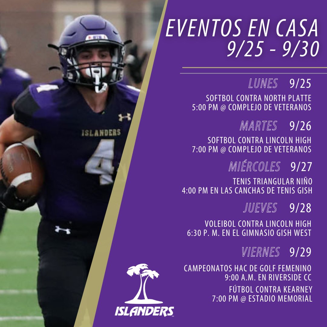 Catch the Islanders at home this week!

🌴 - Softball
🌴 - Boys Tennis
🌴 - Girls Golf
🌴 - Volleyball
🌴 - Football

Let's go, G-I!  🎉 #IslanderPride