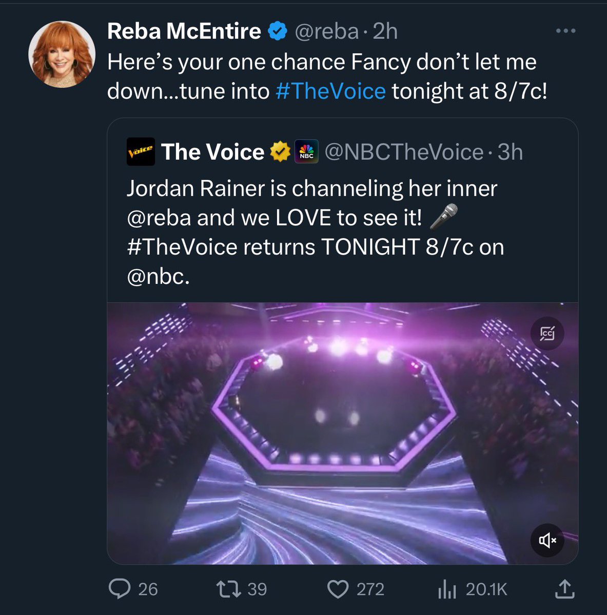 Reba giving a shout out to Jordan X!  🎤✌🏻❤️
Premiere is TONIGHT on NBC!