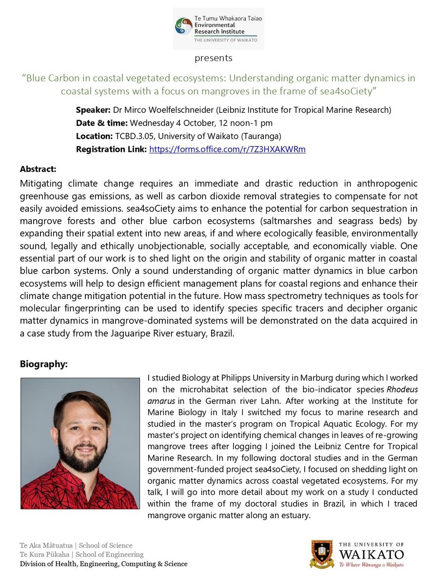 Interested in learning how organic matter dynamics in #bluecarbon ecosystems (#mangroves, #saltmarsh, #seagrass) can help with carbon sequestration? 

Join us next Wed 4 Oct (12-1pm) for a seminar by Dr Mirco Woelfelschneider (<a href="/LeibnizZMT/">Leibniz Centre for Tropical Marine Research (ZMT)</a>)!

To RSVP: forms.office.com/r/7Z3HXAKWRm