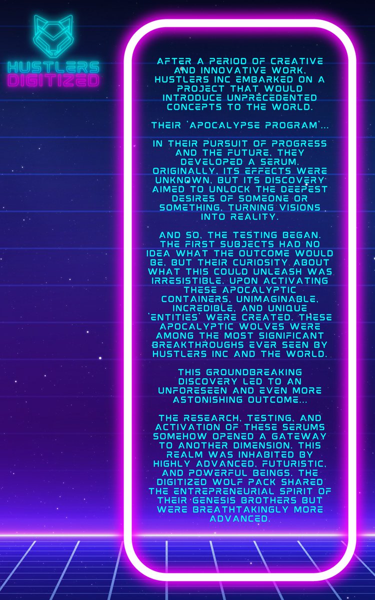 Tbone_Mendes's tweet photo. HEY HUSTLERS! 👋🏽🙂

Myself the team and our ambassadors  have been developing the lore of the Digitized wolves and we’re thrilled to present the beginning of what is shaping up to be an incredible story! 📖🔥

This marks the dawn of a new chapter in our journey! HUSTLERS INC is evolving, and we invite you to join us in the exciting future that lies ahead! 🙌🏽

💥 @HustlersWallSt 💥

I’ve loved being part of writing the start of this story. Something I’ve never done before but have been enjoying immensely. Who’d of thought?! 🤯

Lots more work to do on it and plenty more exiting tales to tell.

Can’t wait to share the next part… soon! 🤩

THE WOLVES ARE COMING… 🐺