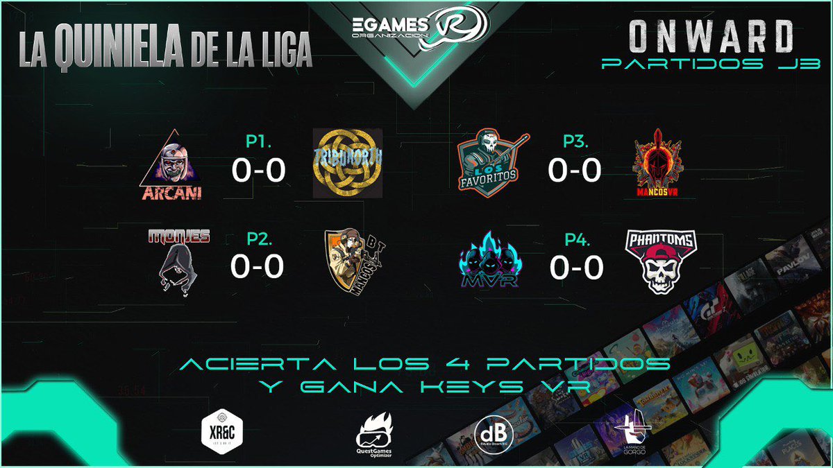 ‼️LA QUINIELA‼️

✅Nueva quiniela en la que ya podéis participar hasta el inicio del primer partido de la jornada 3

🎁Premio: Key VR del juego Z-Race gracias a los amigos de <a href="/XocusVR/">XOCUS 一 EXOcars is LIVE 🏁</a> 

#eSports #Competition #laquiniela #egamesvr