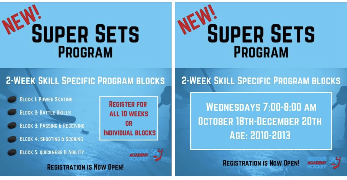 New on ice program this fall! This unique program allows you to register for the entire camp or pick specific skills you would like to work on in two week sets! Check it out! 
www.seriousacademyofhockey@gmail.com