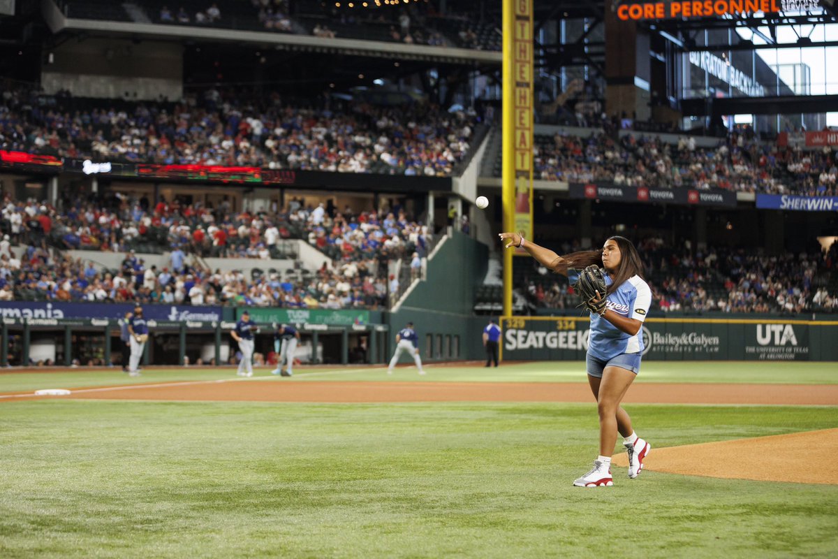 RangersYA's tweet photo. Choctaw Native Amira Forbit threw out the ceremonial first pitch on Saturday in recognition of her @MLBJrHRD championship performance in Seattle earlier this summer. https://t.co/Q5LZ3HKZ1i