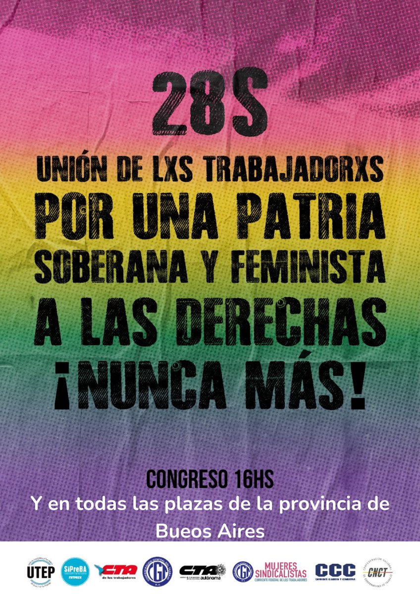 generoctabsas's tweet image. Este #28S todas y todes a las calles. 
Vamos a CONGRESO a las 16 hs.
 Y nos encontramos en todas las plazas de la provincia !! 
Unión de lxs Trbajadorxs Por Una Patria Soberana y Feminista. 
A las Derechas NUNCA MÁS!