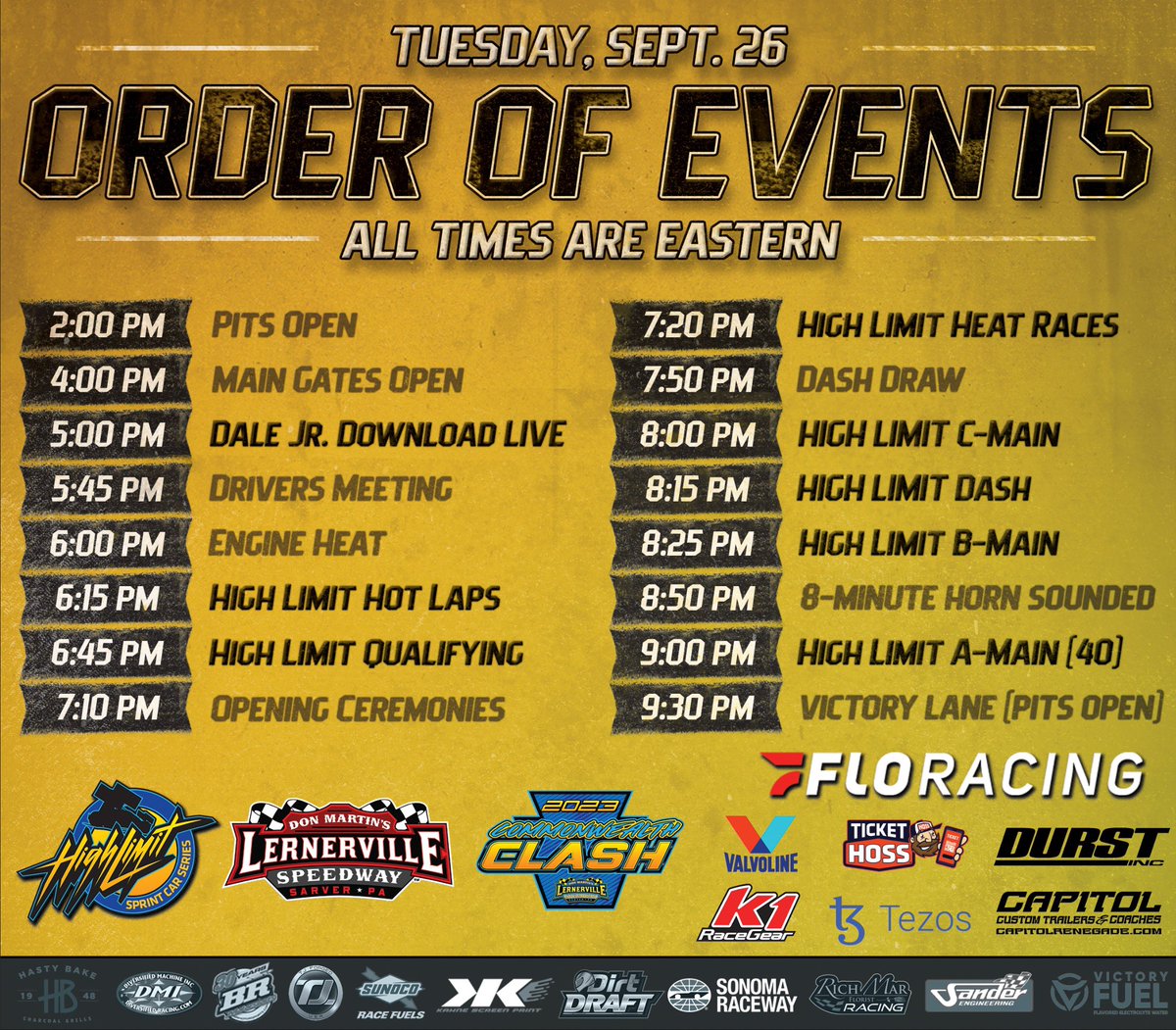 Nothin’ but Sprint Cars on a Tuesday night. 😎

Grab a jacket and bring a friend to <a href="/Lernerville/">Lernerville Speedway</a> as the High Limit Sprint Car Series brings the Commonwealth Clash back at $50,000-to-win tomorrow.

𝐁𝐔𝐘 𝐓𝐈𝐂𝐊𝐄𝐓𝐒 🎟️ LernervilleTickets.com