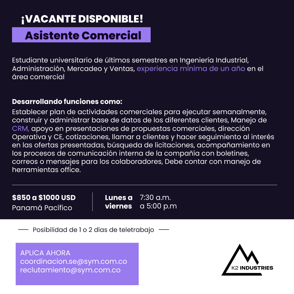 ¡Si cumples con estos requisitos, no dudes en enviarnos tu hoja de vida!

Aplica ahora!!!

coordinacion.se@sym.com.co
reclutamiento@sym.com.co

#jobposition #jobopportunity #jobspanama