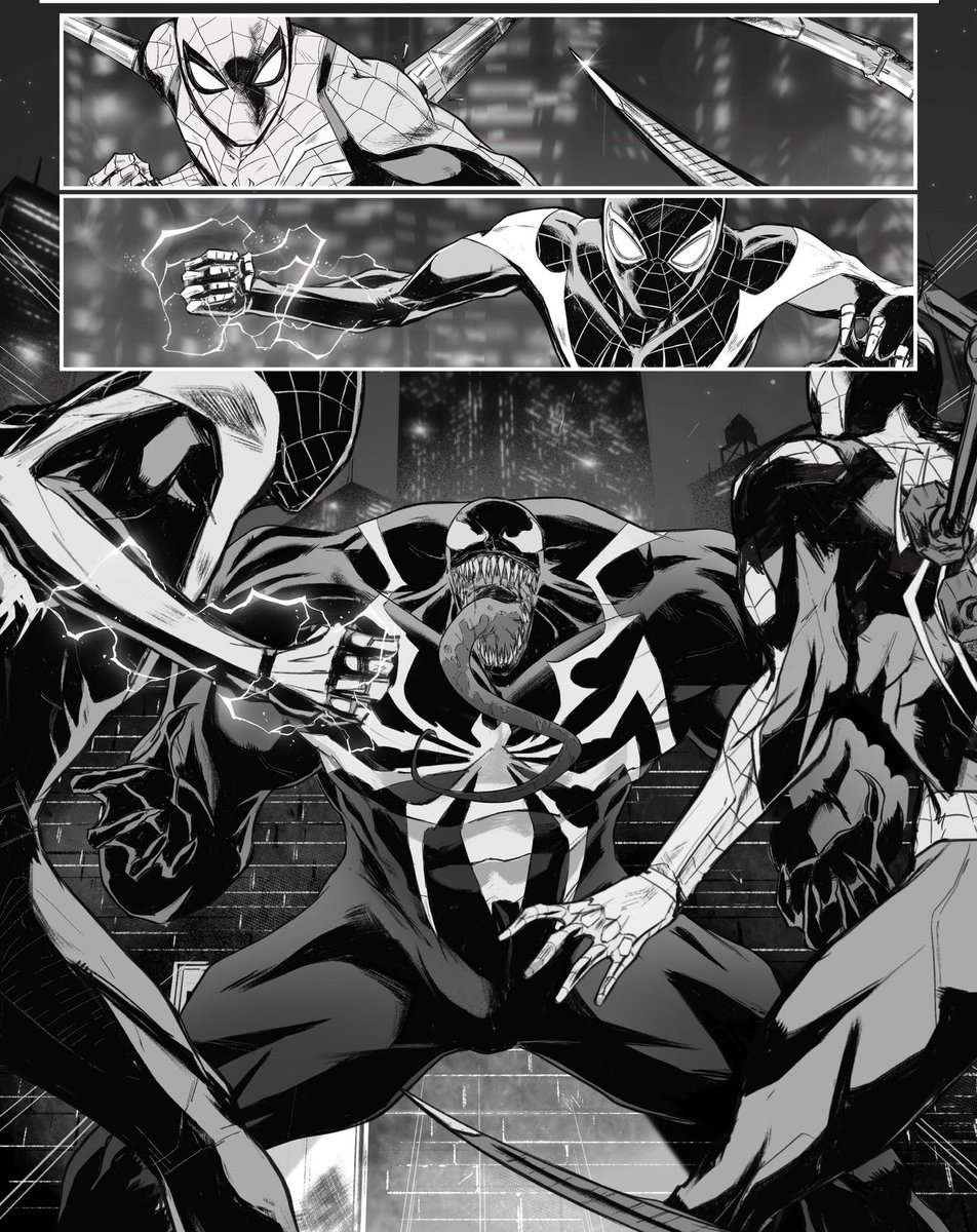 ultimatejulio's tweet photo. When you love Spider-man and @insomniacgames so much that your sample pages are almost the same as a shot from their newest trailer… 🤯

#MarvelsSpiderMan2 #milesmorales #venom #spiderman #begreatertogether https://t.co/1YlNKnRg5V