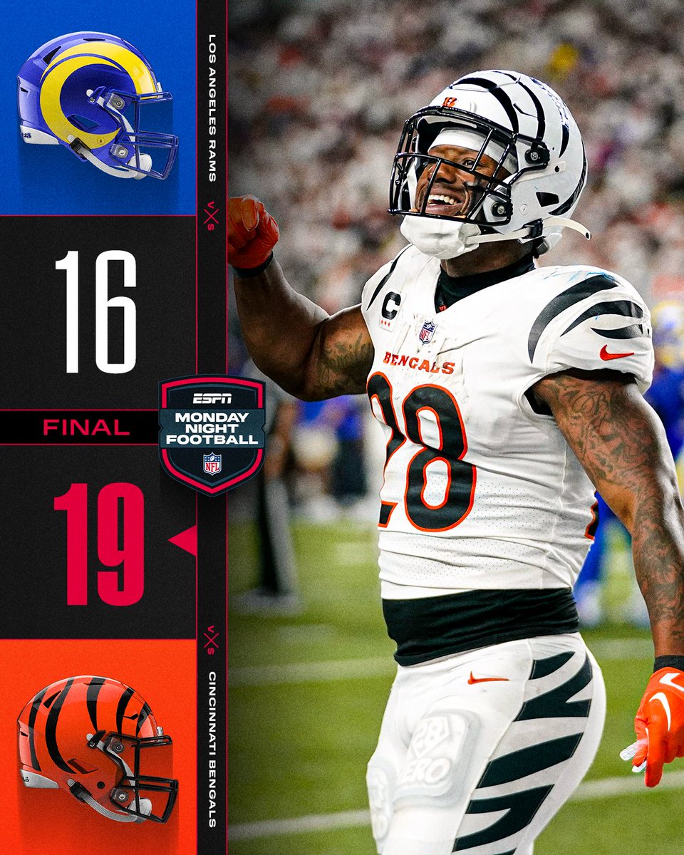 NFL (@nfl) on Twitter photo FINAL: <a href="/Bengals/">Cincinnati Bengals</a> earn the MNF win in the jungle! #RuleTheJungle #LARvsCIN FINAL: <a href="/Bengals/">Cincinnati Bengals</a> earn the MNF win in the jungle! #RuleTheJungle #LARvsCIN