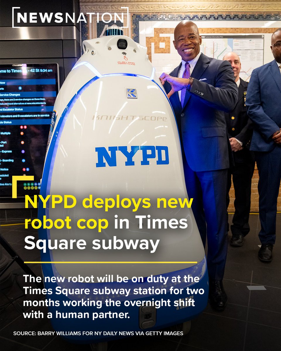NewsNation's tweet photo. At 5 feet tall and 400 pounds, the Knightscope K5 Autonomous Security Robot is the NYPD’s new high-tech crimefighter. MORE: https://t.co/3Yb0MSqkUZ #NewsNationNow https://t.co/bhh94erLng