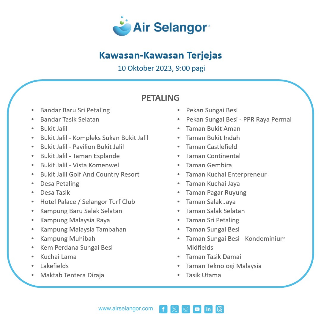 air_selangor's tweet photo. (1/3) Air Selangor ingin memaklumkan mengenai pelaksanaan kerja-kerja penambahbaikan dan penyenggaraan aset di Loji Rawatan Air (LRA) Sungai Langat. Pelaksanaan kerja-kerja ini akan menyebabkan gangguan bekalan air berjadual di Wilayah Petaling, Kuala Lumpur dan Hulu Langat bermula jam 9:00 pagi, 10 Oktober 2023 (Selasa). Kerja-kerja ini dijangka akan siap pada jam 7:00 malam, 10 Oktober 2023 (Selasa). Bekalan air dijangka akan mula disalurkan kepada para pengguna secara berperingkat-peringkat setelah kerja-kerja penambahbaikan dan penyenggaraan siap, dan seterusnya apabila sistem agihan utama bekalan air telah distabilkan. Bekalan air dijangka akan pulih sepenuhnya pada jam 12:00 tengah hari, 12 Oktober 2023 (Khamis). Senarai kawasan yang akan mengalami gangguan bekalan air berjadual adalah seperti di lampiran berikut.

Air Selangor akan menggerakkan lori-lori tangki air ke kawasan-kawasan yang terjejas dengan memberikan keutamaan kepada premis-premis kritikal seperti hospital, klinik, pusat dialisis dan upacara pengebumian. Justeru itu, Air Selangor ingin menasihatkan para pelanggan yang terjejas untuk menyimpan bekalan air secukupnya dan menggunakan air secara berhemah sepanjang tempoh gangguan bekalan air berjadual ini.

Bagi pelanggan komersial pula, bekalan air terawat boleh dibeli di mana-mana kaunter khidmat pelanggan di seluruh wilayah Air Selangor. Bagi tujuan ini, pelanggan komersial boleh menggunakan lori tangki air masing-masing di dua stesen pengisian air yang akan dibuka di Sunway Batu Caves dan Selayang Mutiara.

Tempoh masa gangguan dan pemulihan bekalan air di kawasan-kawasan yang terjejas adalah berbeza bergantung kepada jarak lokasi premis pengguna dan tekanan pada sistem agihan bekalan air. 

Air Selangor ingin menasihatkan para pelanggan yang terjejas untuk menyimpan bekalan air secukupnya dan menggunakan air secara berhemah sepanjang tempoh gangguan bekalan air berjadual ini.

Pengguna juga boleh mendapatkan maklumat berhubung gangguan bekalan air berjadual ini dari semasa ke semasa menerusi saluran komunikasi rasmi kami seperti aplikasi Air Selangor, Facebook, Instagram dan Twitter atau hubungi Air Selangor di talian 15300. Sebarang pertanyaan dan aduan boleh diajukan di Help Centre di laman sesawang https://t.co/eHxPFjFMgV dan aplikasi Air Selangor.