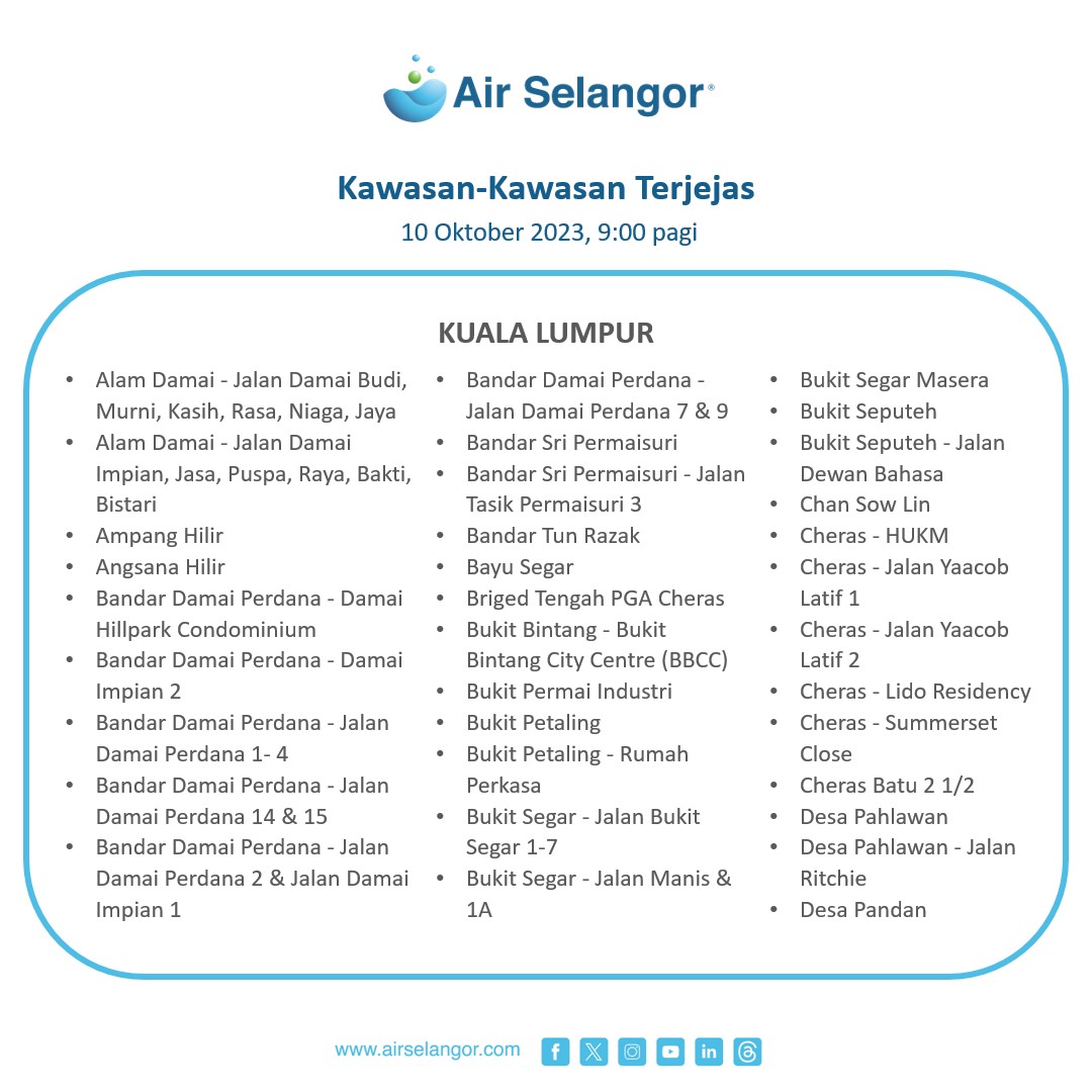 air_selangor's tweet photo. (1/3) Air Selangor ingin memaklumkan mengenai pelaksanaan kerja-kerja penambahbaikan dan penyenggaraan aset di Loji Rawatan Air (LRA) Sungai Langat. Pelaksanaan kerja-kerja ini akan menyebabkan gangguan bekalan air berjadual di Wilayah Petaling, Kuala Lumpur dan Hulu Langat bermula jam 9:00 pagi, 10 Oktober 2023 (Selasa). Kerja-kerja ini dijangka akan siap pada jam 7:00 malam, 10 Oktober 2023 (Selasa). Bekalan air dijangka akan mula disalurkan kepada para pengguna secara berperingkat-peringkat setelah kerja-kerja penambahbaikan dan penyenggaraan siap, dan seterusnya apabila sistem agihan utama bekalan air telah distabilkan. Bekalan air dijangka akan pulih sepenuhnya pada jam 12:00 tengah hari, 12 Oktober 2023 (Khamis). Senarai kawasan yang akan mengalami gangguan bekalan air berjadual adalah seperti di lampiran berikut.

Air Selangor akan menggerakkan lori-lori tangki air ke kawasan-kawasan yang terjejas dengan memberikan keutamaan kepada premis-premis kritikal seperti hospital, klinik, pusat dialisis dan upacara pengebumian. Justeru itu, Air Selangor ingin menasihatkan para pelanggan yang terjejas untuk menyimpan bekalan air secukupnya dan menggunakan air secara berhemah sepanjang tempoh gangguan bekalan air berjadual ini.

Bagi pelanggan komersial pula, bekalan air terawat boleh dibeli di mana-mana kaunter khidmat pelanggan di seluruh wilayah Air Selangor. Bagi tujuan ini, pelanggan komersial boleh menggunakan lori tangki air masing-masing di dua stesen pengisian air yang akan dibuka di Sunway Batu Caves dan Selayang Mutiara.

Tempoh masa gangguan dan pemulihan bekalan air di kawasan-kawasan yang terjejas adalah berbeza bergantung kepada jarak lokasi premis pengguna dan tekanan pada sistem agihan bekalan air. 

Air Selangor ingin menasihatkan para pelanggan yang terjejas untuk menyimpan bekalan air secukupnya dan menggunakan air secara berhemah sepanjang tempoh gangguan bekalan air berjadual ini.

Pengguna juga boleh mendapatkan maklumat berhubung gangguan bekalan air berjadual ini dari semasa ke semasa menerusi saluran komunikasi rasmi kami seperti aplikasi Air Selangor, Facebook, Instagram dan Twitter atau hubungi Air Selangor di talian 15300. Sebarang pertanyaan dan aduan boleh diajukan di Help Centre di laman sesawang https://t.co/eHxPFjFMgV dan aplikasi Air Selangor.