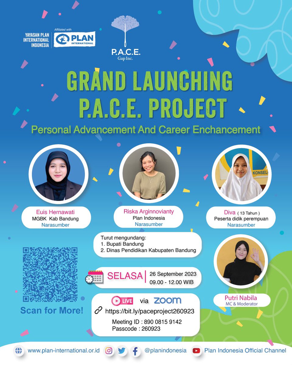 PlanIndonesia's tweet image. Plan Indonesia melalui pendanaan dari GAP Inc. meluncurkan program P.A.C.E. yg bertujuan untuk meningkatkan keterampilan hidup bagi 1.500 peserta didik perempuan di Kab. Bandung.

LIVE melalui Zoom di: bit.ly/paceproject260…

#PlanIndonesia #PACE #PACEproject