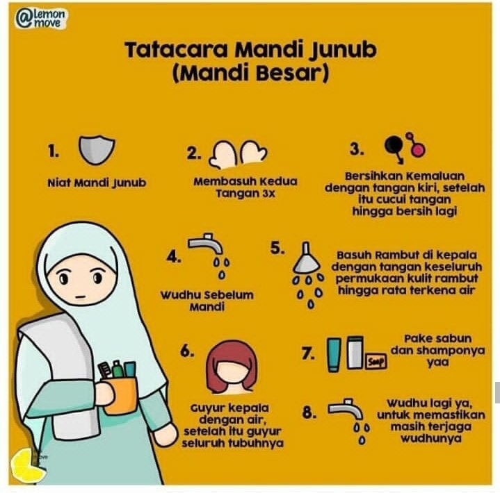 dhelsadell's tweet photo. Tata cara mandi besar setelah haid, buat yang muslim 

1. Niatnya 
Nawaitul ghusla lifraf il hadatsil akbari minal haidil lillahi ta'ala
Artinya: "Saya berniat mandi wajib untuk mensucikan hadas besar dari haid karena Allah Ta'ala.

*Disunnahkan menghadap kiblat dan memulai dgn sisi kanan dulu*