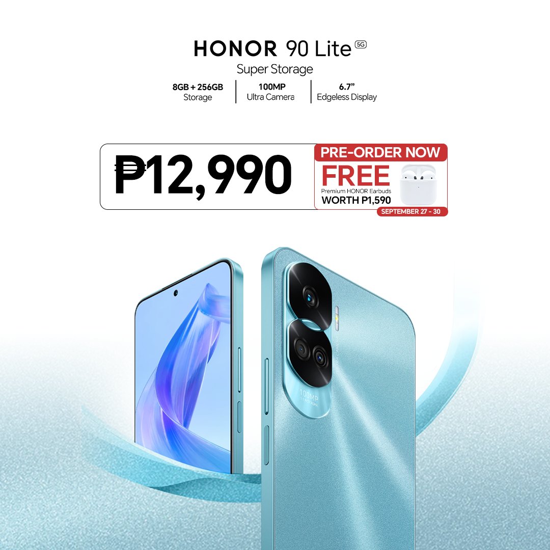 HONORPHL's tweet photo. HONOR 90 Lite 5G is available for only PHP 12,990! Pre-Order from Sept 27 to 30 &amp; get a Premium HONOR Earbuds for FREE! 

🛒Shopee: https://t.co/mYbNiLVDHh 
🛒Lazada: https://t.co/4vOFrC6aL5 
🛒HONOR Stores: https://t.co/gnseV3x6vA 

#HONOR90Lite5G
#SuperStorage
#100MPUltraCamera https://t.co/P6N1UABxro