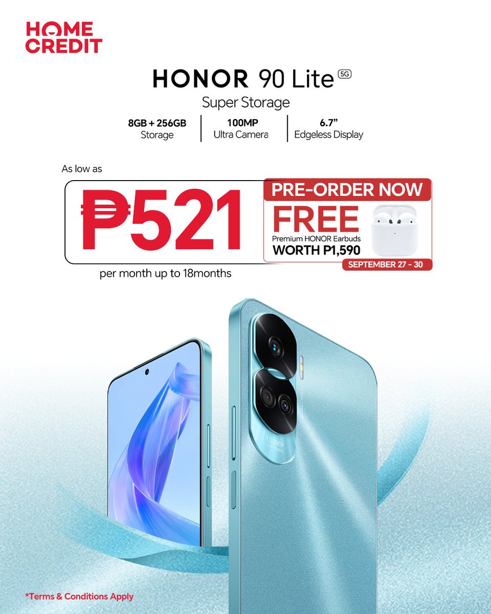 HONORPHL's tweet photo. Get the HONOR 90 Lite 5G via HOME CREDIT for as low as PHP 521 per month for up to 18 months.

HOME CREDIT: https://t.co/uXJXlpaaKZ

#HONOR90Lite5G
#SuperStorage
#100MPUltraCamera https://t.co/lbNjf8GFnu