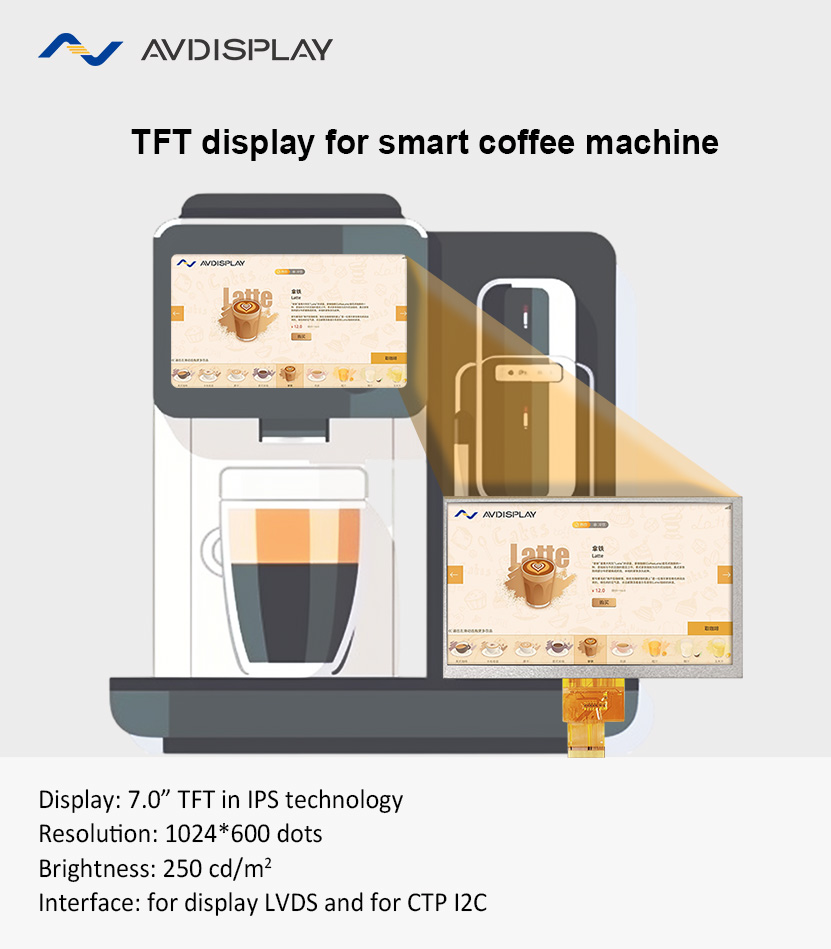 On the photo you will see the AVD 7.0” TFT in IPS technology with a resolution 1024*600 dots, and the B/L brightness is 250 cd/m². This display is used in a range of applications, such as coffee machines, laundry machines, range hoods, access control, industrial controls etc.
