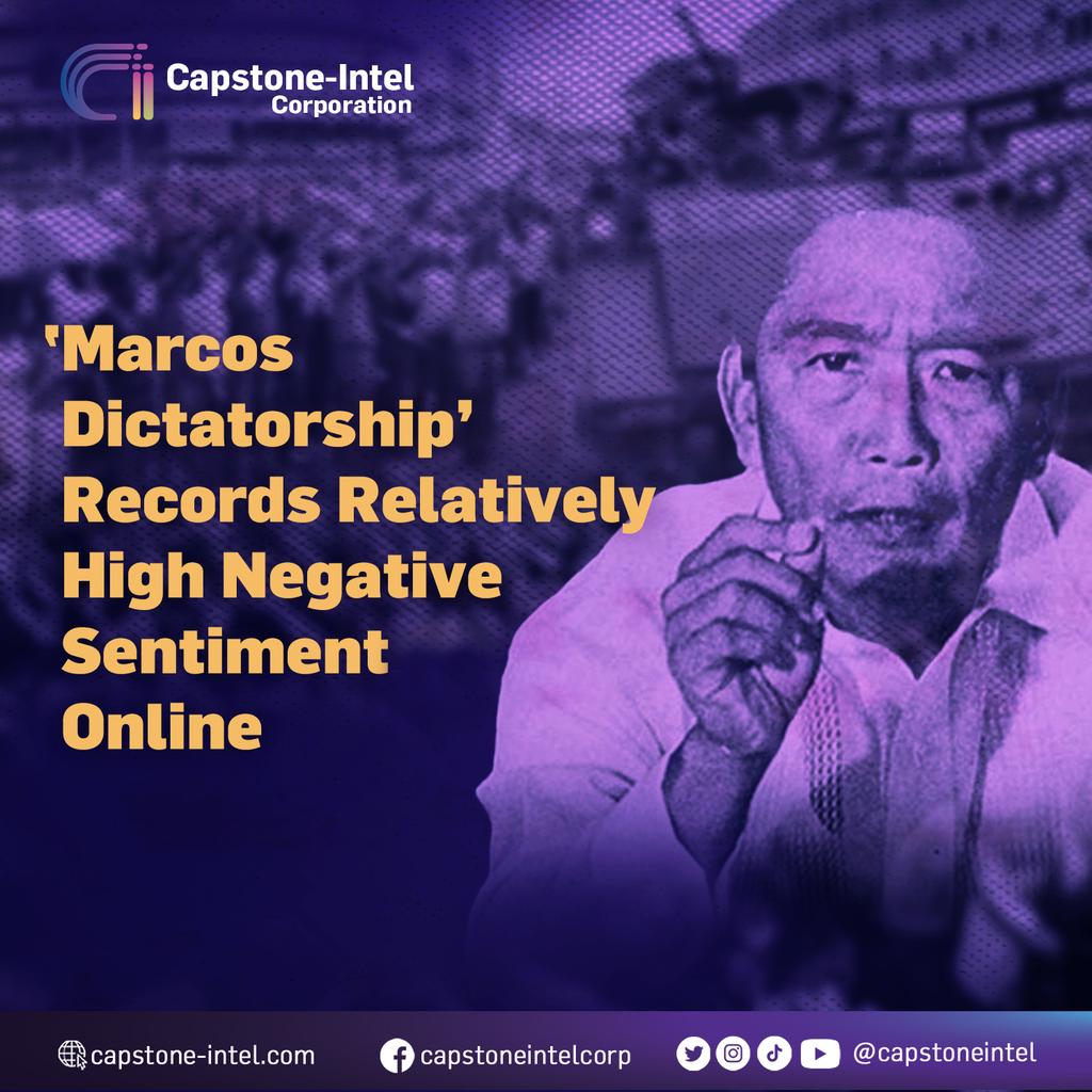 capstoneintel's tweet photo. Filipinos have a lot of negative opinions and sentiments about the #MarcosDictatorship issue, based on an online scan conducted by #CapstoneIntel from August 12 to September 12, 2023. https://t.co/rjg18xpRQr