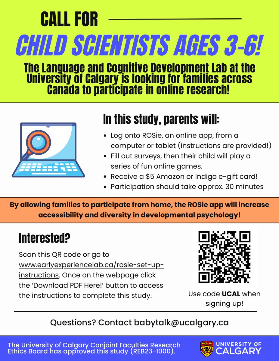 ChildResearchGr's tweet photo. Join our home-based study looking at cognitive development in 3- to 6-year-olds! Families will receive a $5 Amazon or Indigo gift card. Visit https://t.co/4engSZTL4v or scan the QR code to participate! https://t.co/bBZcem2AH3