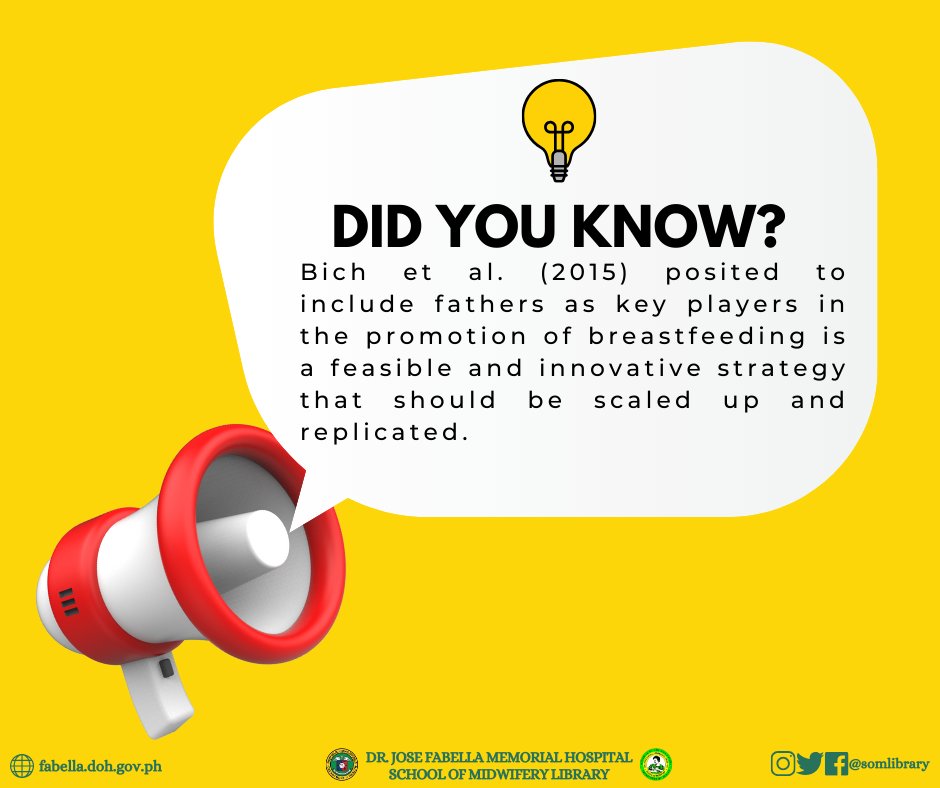 somlibrary's tweet image. Did you know?

Bich et al. (2015) posited to include fathers as key players in the promotion of breastfeeding is a feasible and innovative strategy that should be scaled up and replicated.

#GADMonday  
#SOMLibrary